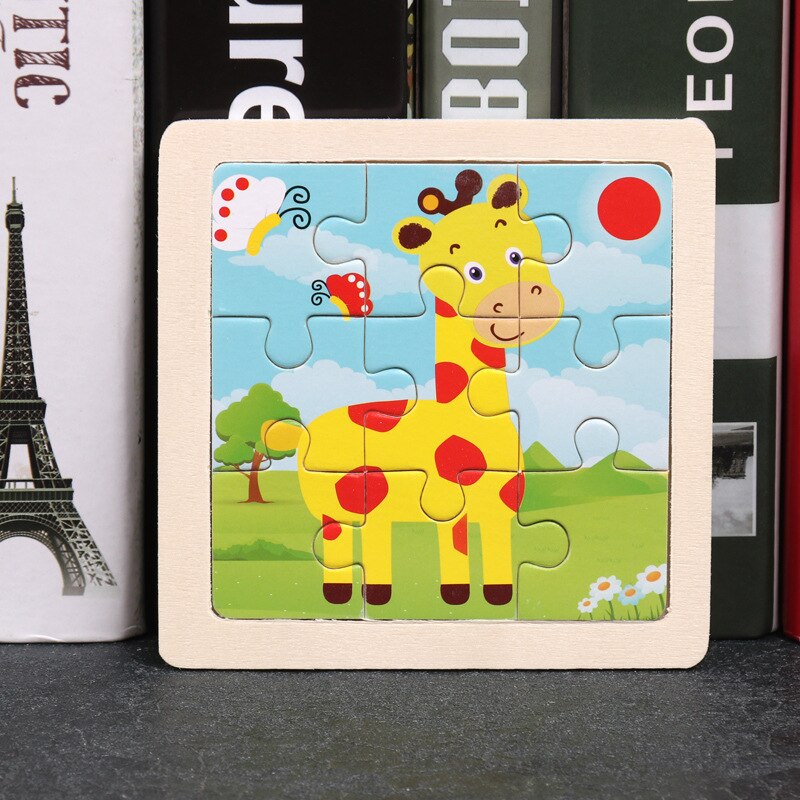 Puzle de madera de juguete para niños, 9 piezas, 3D, mini tamaño, dibujos animados, animales, tráfico, tangram, puzzle, educación: 1-giraffe