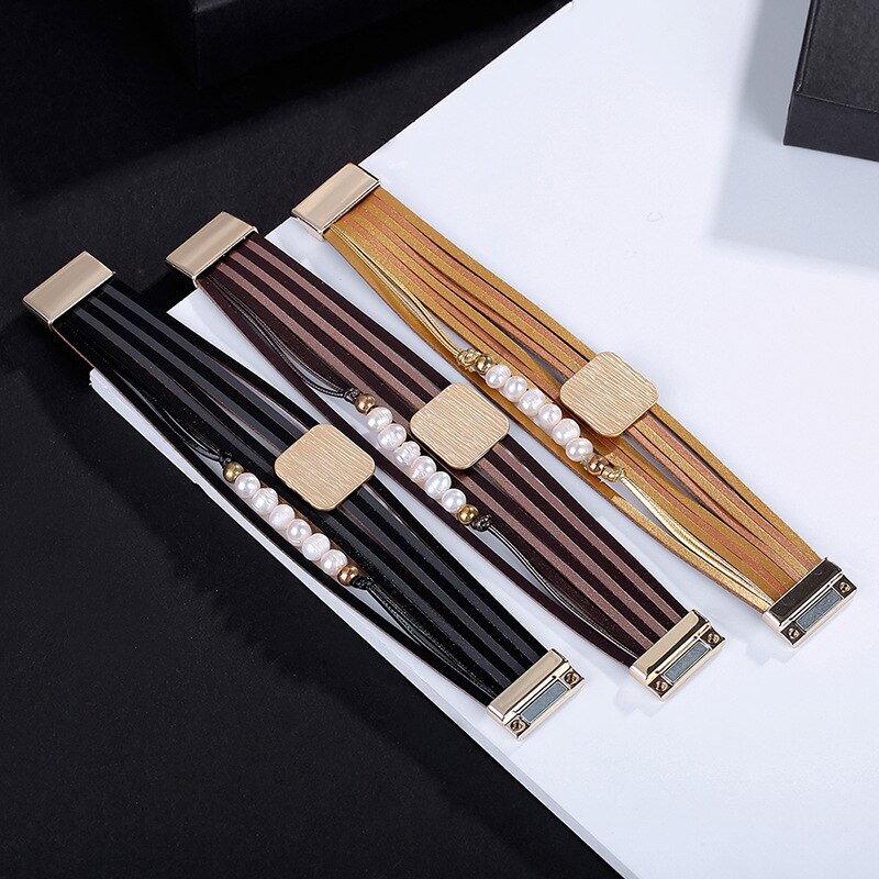 Kirykle Frauen Armbinde Geometrische Platz Metall Charme Leder Armbinde Perle Armbänder Armreifen Goldene Pendeln Schmuck