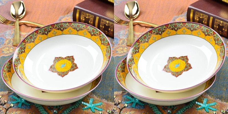 4pcs set, 8inch, fine bone china serving platter, ceramic dinner plate, porcelain dish set, deep soup plate, gold dessert plate: 4pcs deep plate