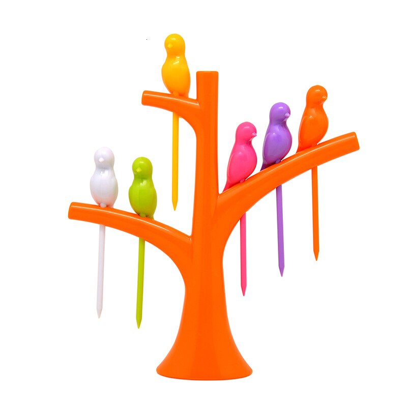pcs 6 +1 Stand Birds Tree Shape Fruits Fork Plastic Vegetable Fork Fruit Snack Dessert Forks Holder For Party fruit pick forks: Orange