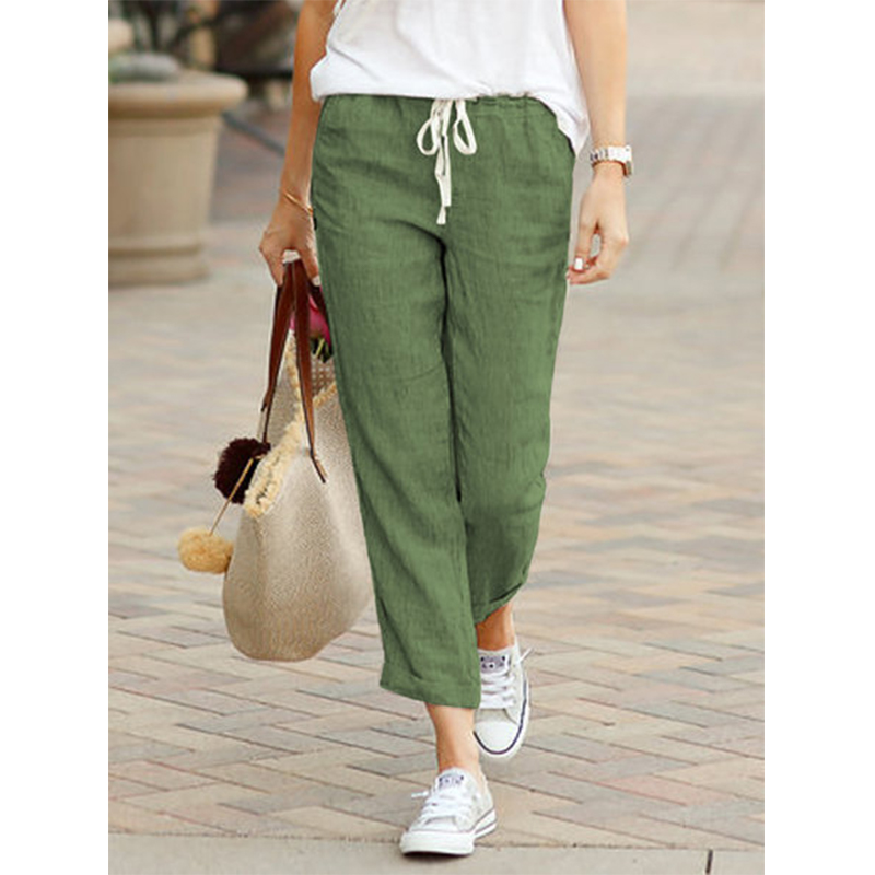 Casual Cotton Linen Pants Women Spring Summer Solid Color High Waist Elastic Ankle-Length Pants Female Pockets Harem Trousers: M / green