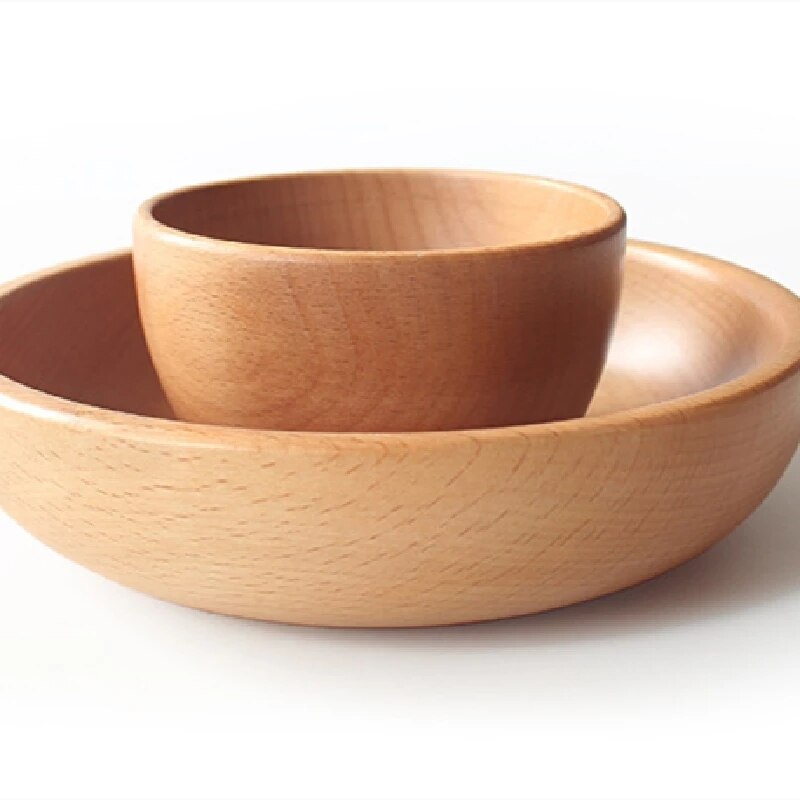 Round Wooden Salad Soup Dining Bowls Plates Storage Home Kitchen Bowl