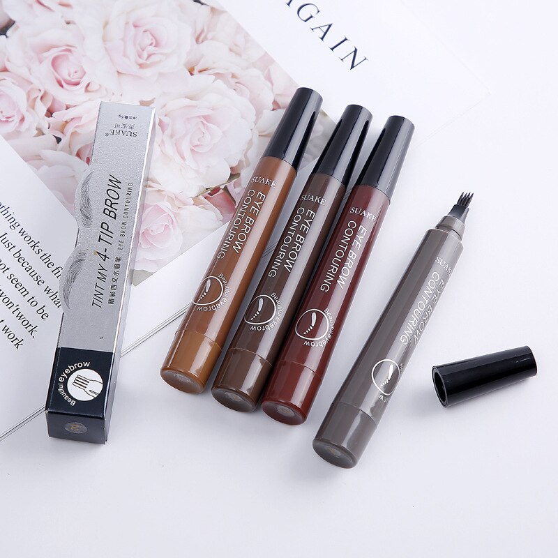2 stk øjenbrynspen vandtæt fire-klø øjenbryn nuance makeup fire farver øjenbryn blyant brun sort