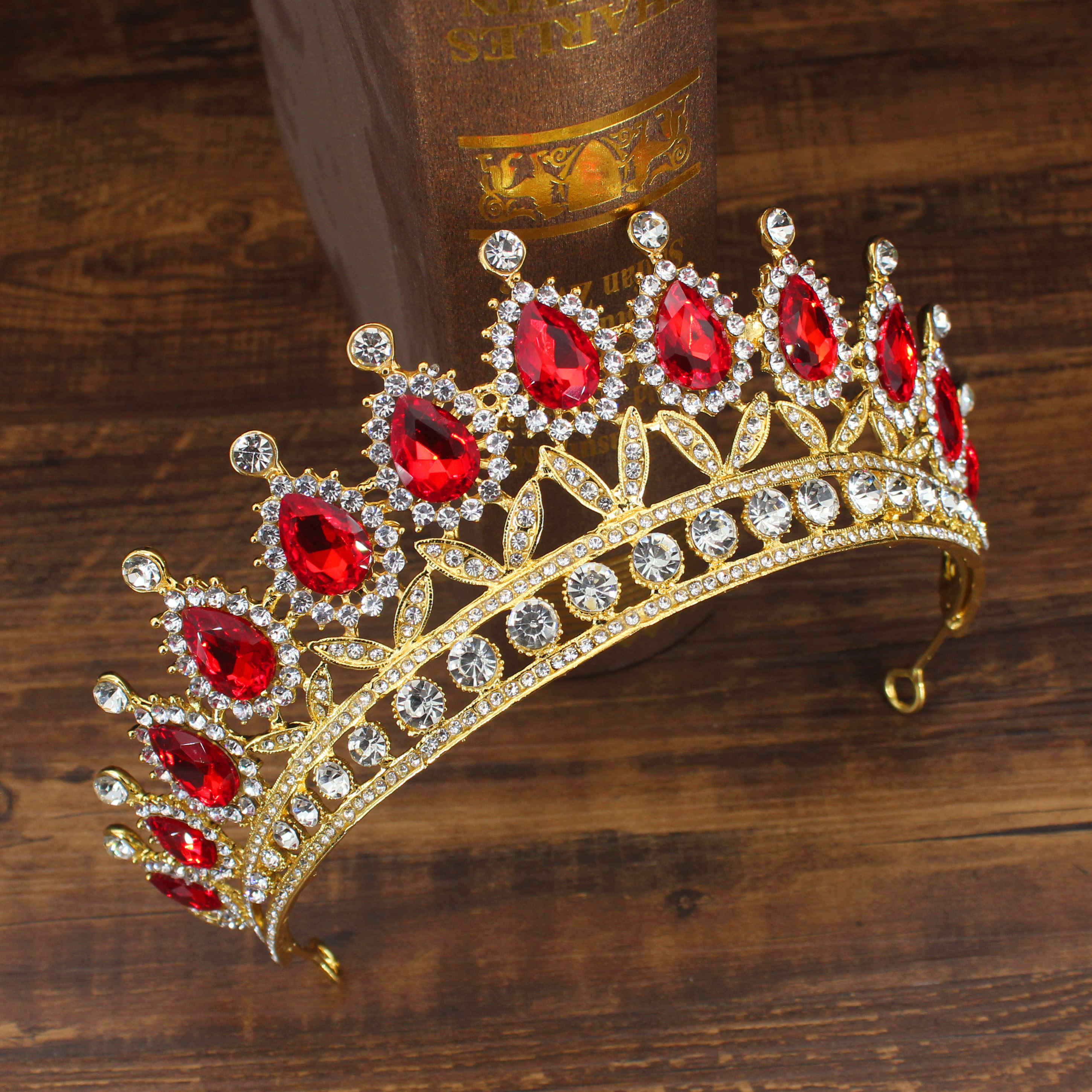 Wedding Bridal Tiara Crown Queen Sposa Oro Rosso di Cristallo Diadem Ornamenti Per Capelli Testa Accessori Dei Monili Delle Donne Pageant Copricapo: Gold 09