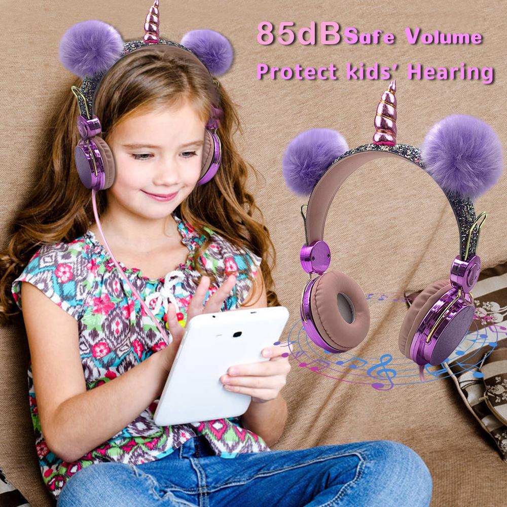 Enfants licornes casque filaire paillettes ours casque Volume sûr musique casque pour garçons et filles d'anniversaire