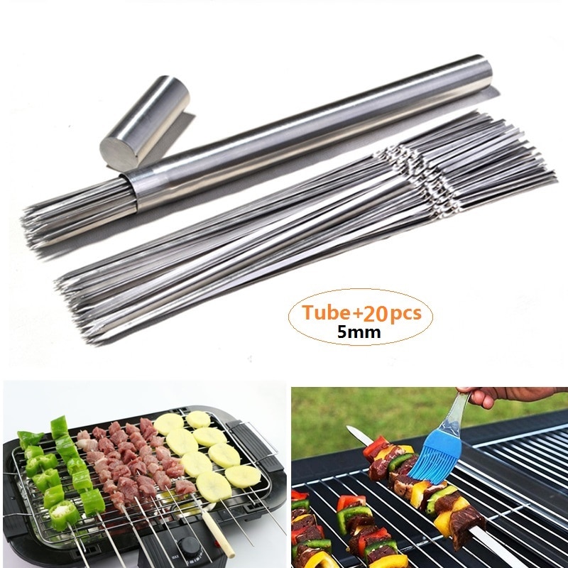 Pinchos planos de acero inoxidable para barbacoa, tubo de almacenamiento, varillas de aguja reutilizables para Shish kabob Grill, brocheta de 40CM y 5MM