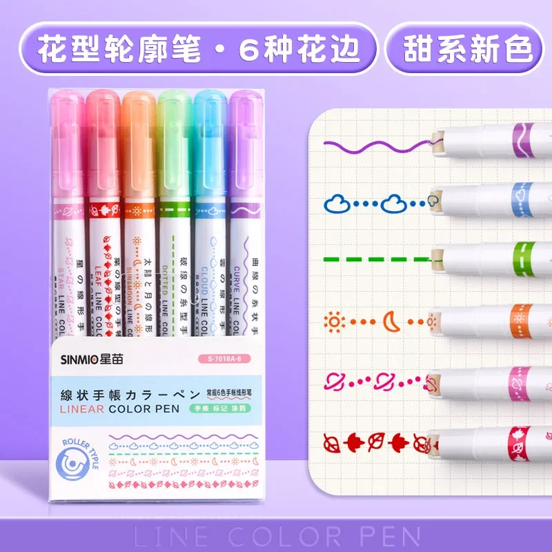 3/6 stks/set Kawaii Bloemen Lijnvormige Markeerstiften Roller Tip Curve Liner Marker voor Schrijven Journaling Tekening briefpapier: green