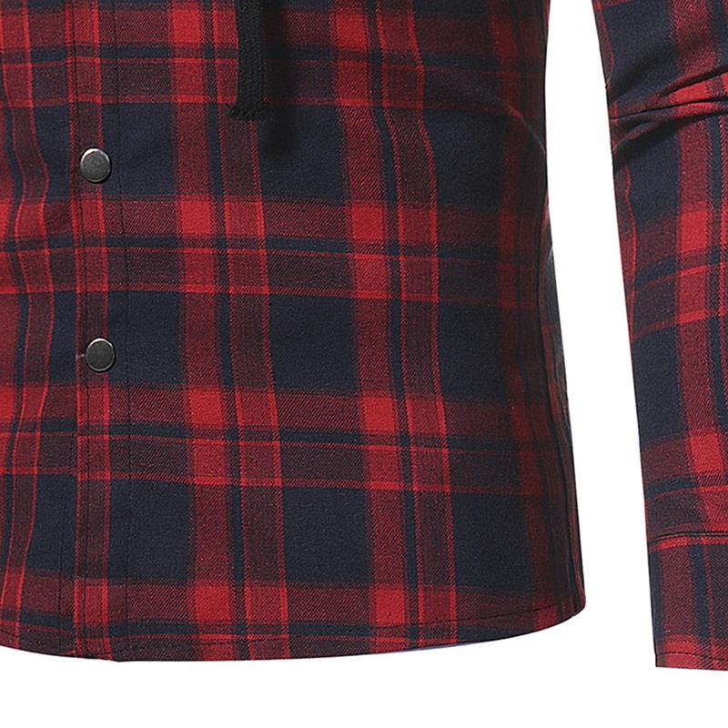 Mens Flanel Plaid Dubbele Zakken Hooded Shirt Casual Leisure Gecontroleerd Patroon Longsleeved Overhemd