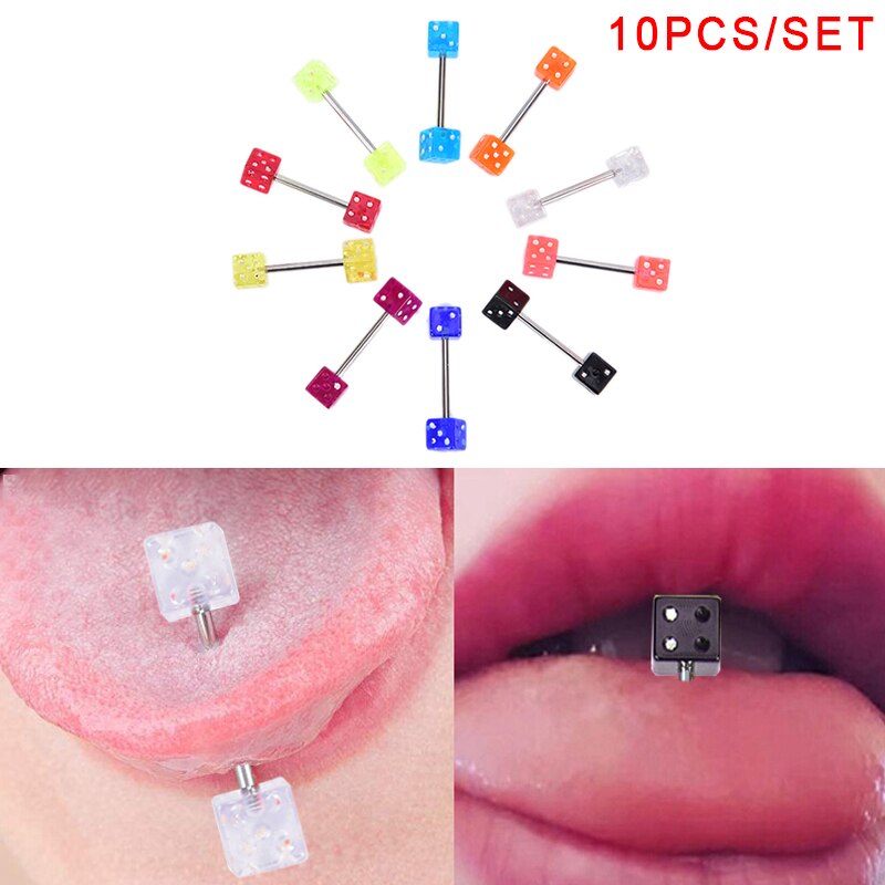 10Pcs/Set Stainless Steel Mixed Dice Tongue Ring Barbell Studs Tongue Piercing Rings Punk Body Jewelry