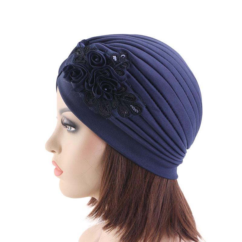 Women India Hat Women Muslim Islamic Elastic Pleated Turban Head Scarf Flower Beanie Hat Hair Loss Headwear Chemo Caps