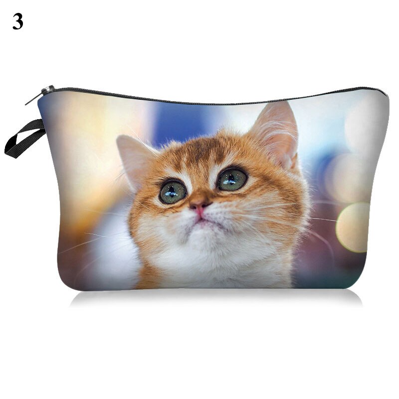 Kosmetiktaske sød kat print polyester makeup taske rejse toiletartikler sød organisator taske pose 3d mønster kosmetik tasker: 3