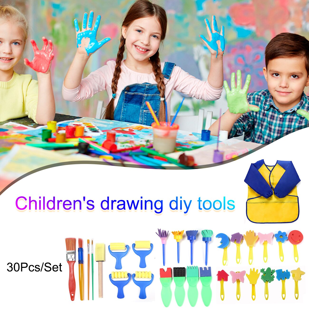 DIY Children Painting Foam Sponge Brushes Kit With Apron Crafts Kits Kids Early Art Education Learning Drawing Tool Kit