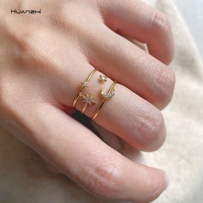 ¡Novedad de ! Anillo de mosaico circonio de tres pisos sencillo de HUANZHI, anillo ajustable multigiro de Luna y estrella para mujeres y niñas, de joyería para