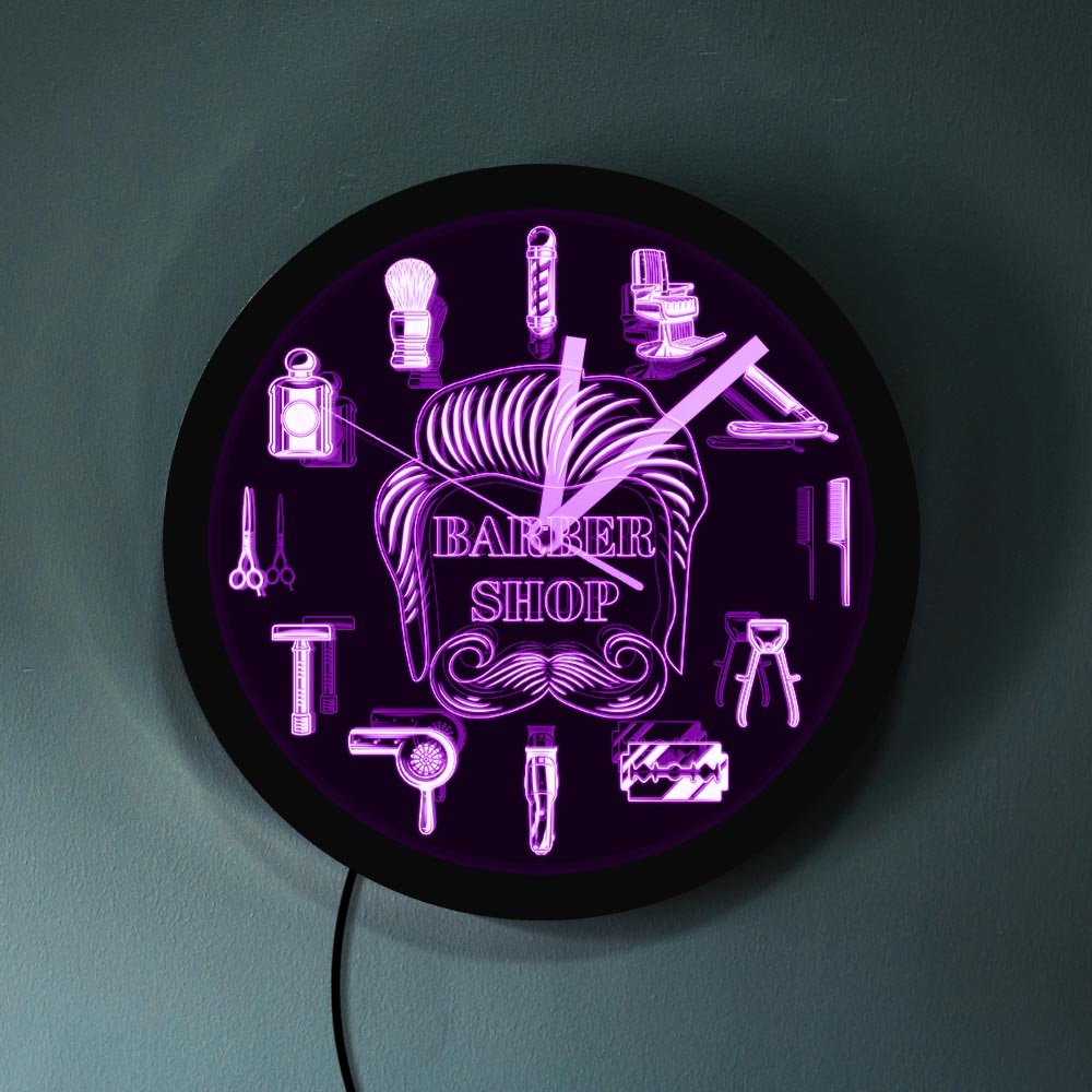 Letrero de negocios LED para barbería, herramientas de peluquero, reloj de pared LED de neón, cambia de Color, reloj de pared moderno con iluminación LED
