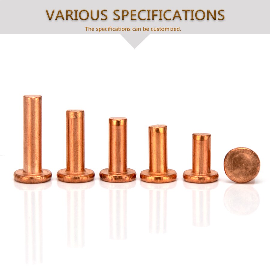 Remache de cabeza plana de latón M2.5-M3, M2.5, M3, remaches sólidos de cobre, sujetadores, longitud de perno de 3mm-25mm