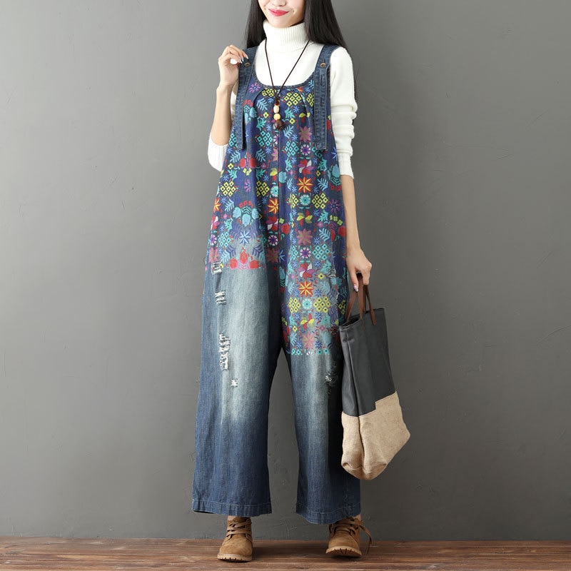 Helisopus-Mono vaquero Vintage con estampado de flores para mujer, peto con agujeros rasgados de talla grande, peto de piernas anchas, Peto vaquero con entrepierna caída