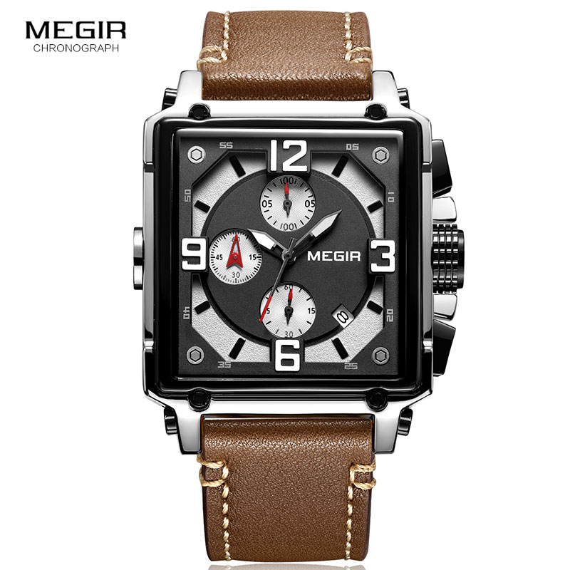 Megir herre firkantede quartz armbåndsur ur militær sports casual kronograf stopur læder relogios maskuline 2061 brun