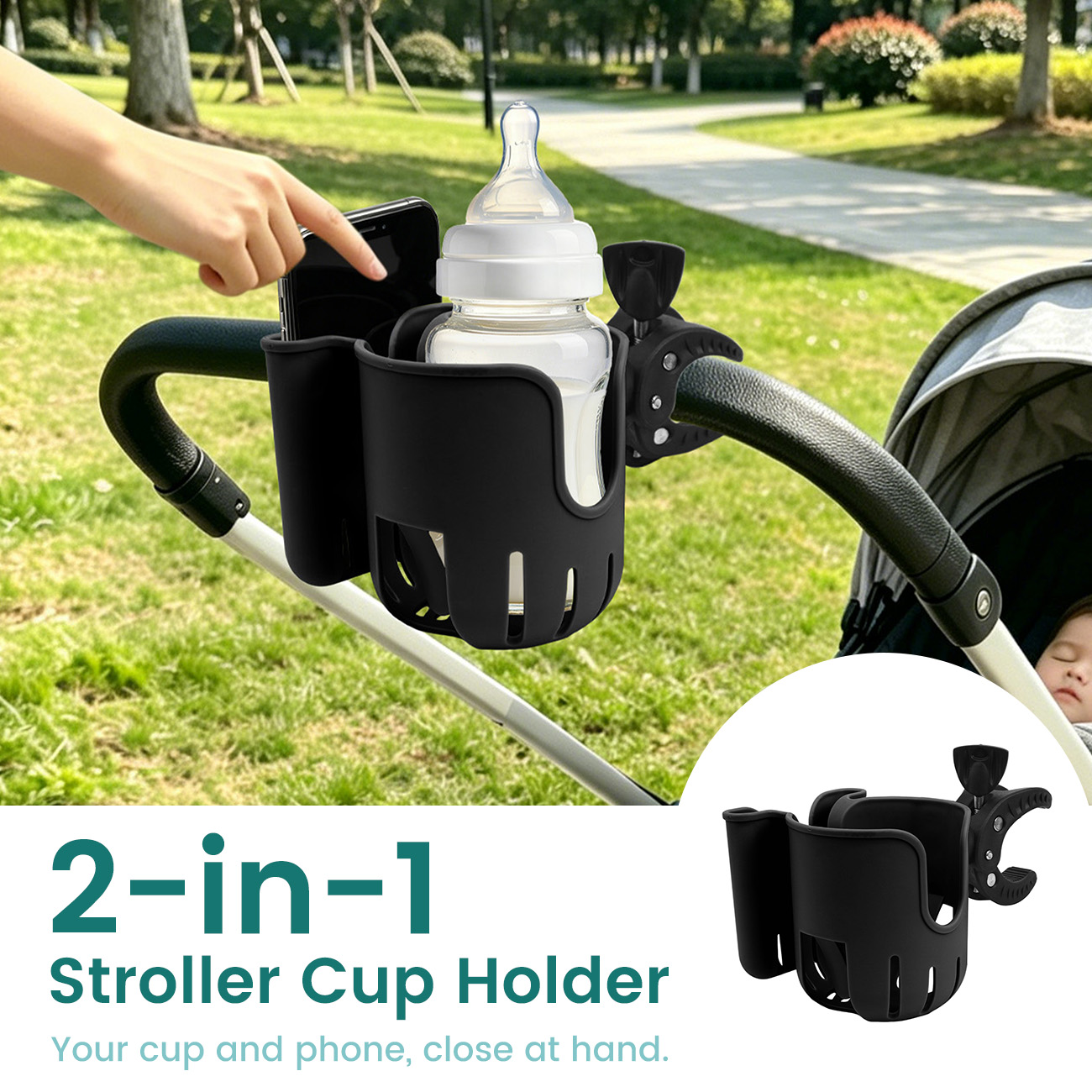 Universele 2-in-1 kinderwagen bekerhouder, 360 graden draaibare klem voor babyfles & mobiele telefoonhouder, kinderwagen accessoire