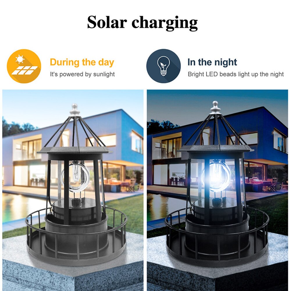 Multi-funcional farol solar led luz quintal cerca decoração sensor beacon rotativo ferramenta de iluminação jardim quintal lâmpada do gramado
