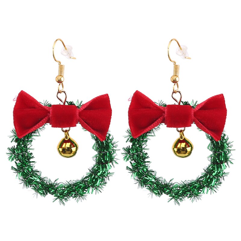 Christmas Wreath Dangle Earrings Jingle Bell Red Bow Women Christmas Earrings Year For Women: Gold-color