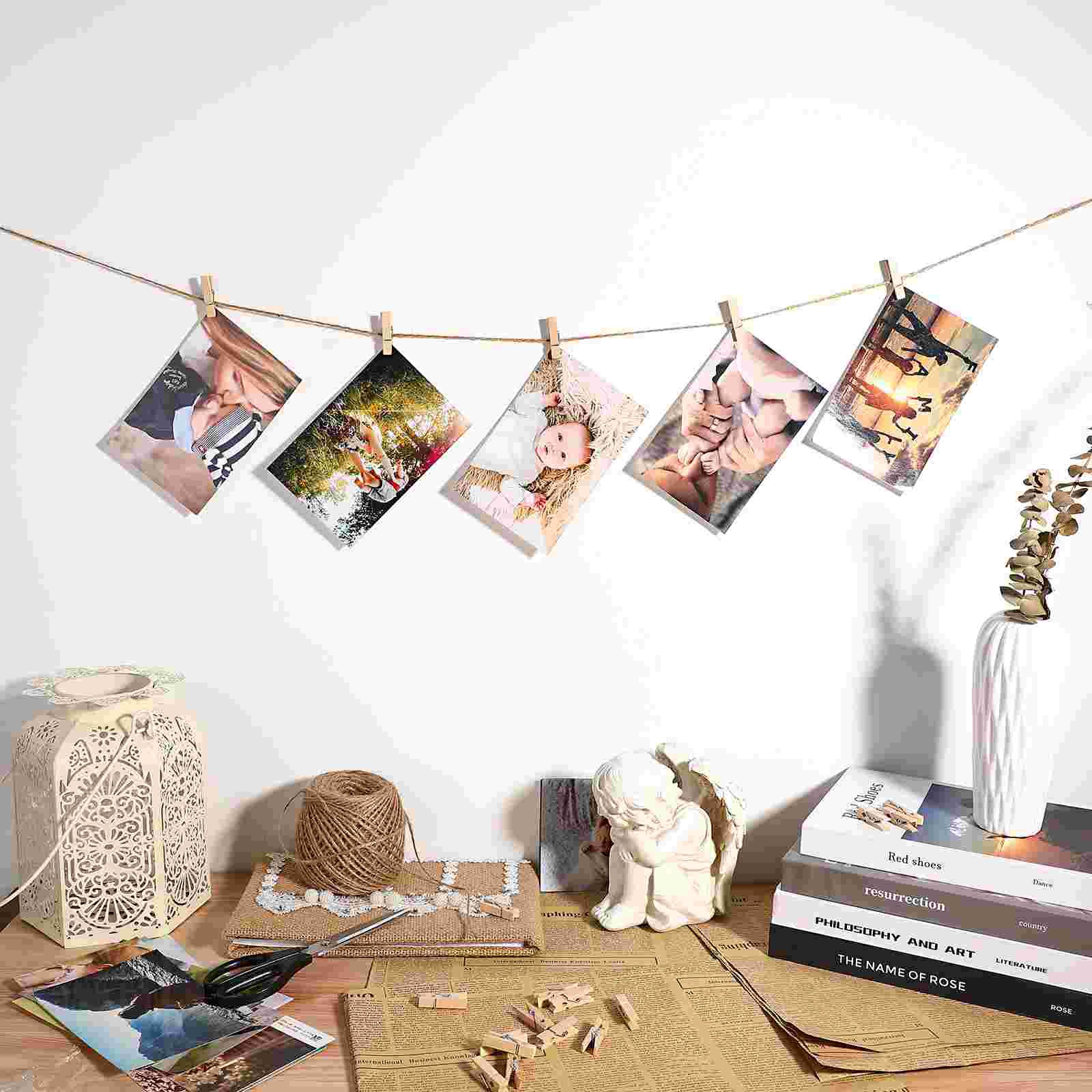 1 Set Photo Display Clips Wooden Clip Crafts Pictures Hanging Wooden Clamps DIY Message Clips with Hemp Rope