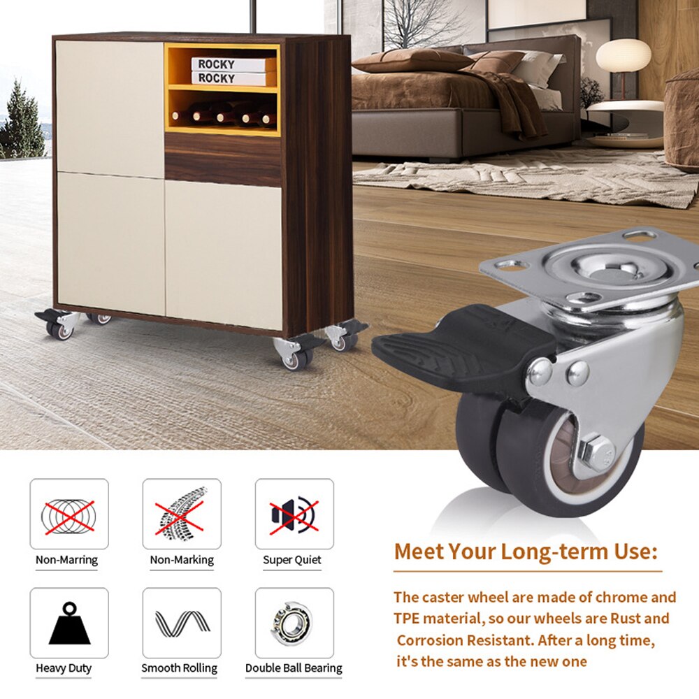 4 Pack Swivel Caster Wheels Heavy Duty Caster Wheels With Top Plate No Noise Wheels For Carts Workbench (2 inch with brake)