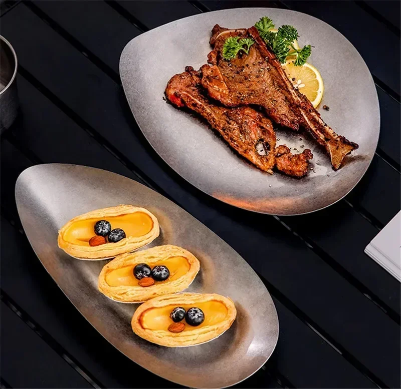 304 ronde vintage dessertbord Creatieve steak Pastaplaat Roestvrij staal Eettafel Taartbak Ondiepe borden set Japanse gerechten