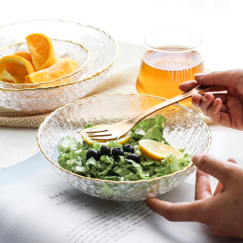 Diamond-free Crystal Glass Bowl Nordic Phnom Penh Hammer Iced Glass Bowl Japanese Style Large Salad Bowl Household