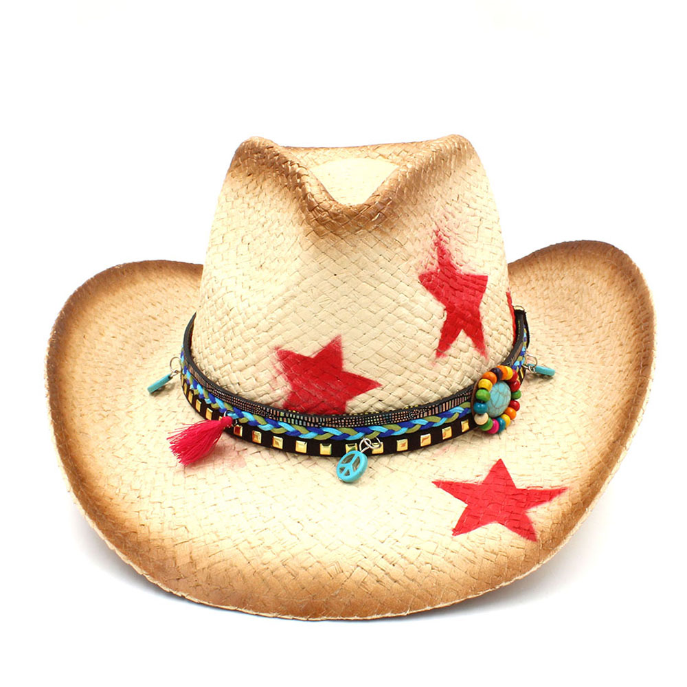 Kvinder western cowboyhat med kvastbånd stjerne dame sombrero hombre cowgirl jazz caps størrelse 58cm: C4 cas