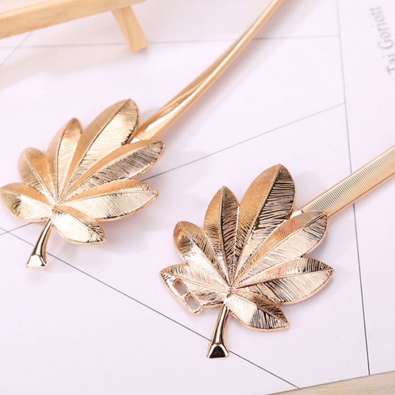 Vrouwen Bridal Skinny Tailleband Maple Leaf Vorm Metalen Gesp Glitter Effen Kleur Elastische Jurk Riem Cummerbunds Goud/Zilver