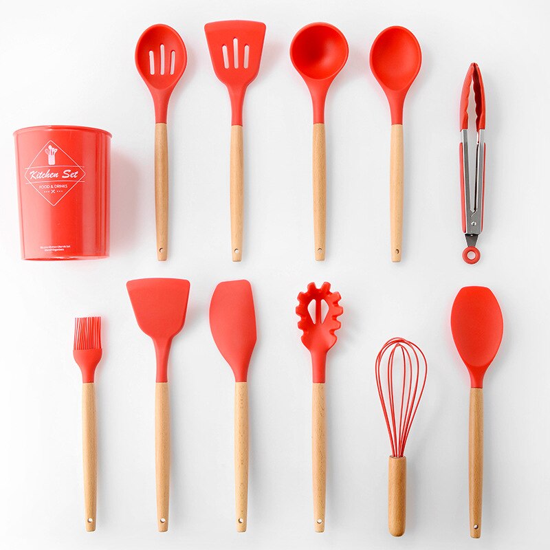 12 Pcs Keuken Gebruiksvoorwerp Set Siliconen Koken Gereedschap Huishoudelijke Houten Koken Gereedschap Ontmoette Opbergdoos Turner Tang Spatel Turner: Red