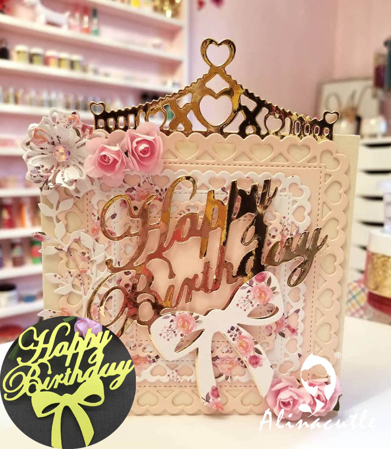 Metalen snijmallen, happy birthday strik, taarttopper, scrapbooking, papierkunst, album, kaart, ponsmes, kunstsnijder