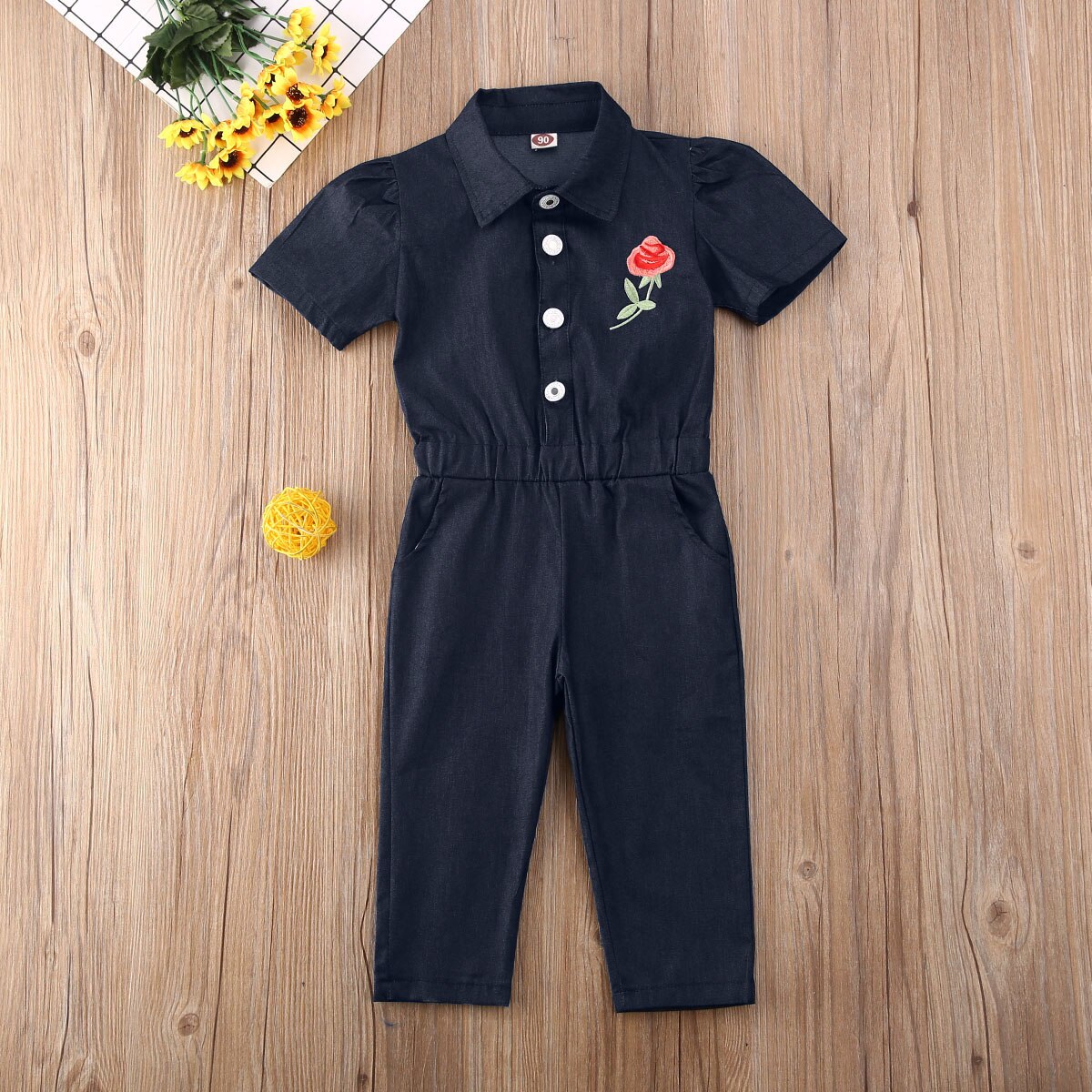 Kids Baby Meisje Romper Peuter Korte Mouw Overalls met borduurwerk Outfit Kleding: Blauw / 4T