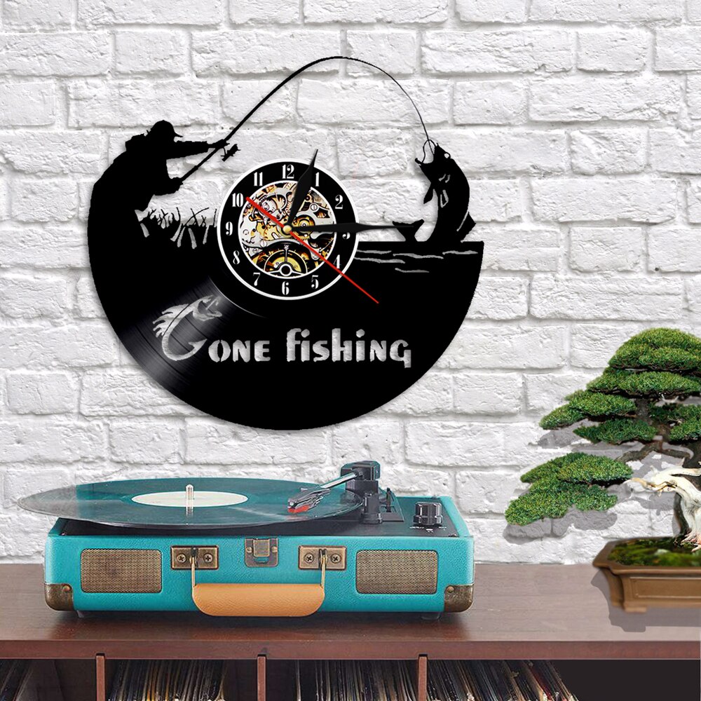 Gone Fishing Fish Rod Wall Clock Fisherman Home Decor Fishing Vinyl Record Wall Clock Timepieces Handmade For Fishermen