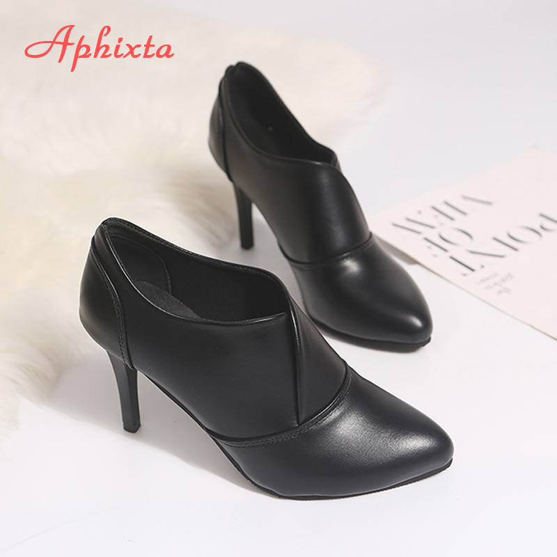 Aphixta 9cm stilettklackar stövlar kvinnor höstskor kvinna chelsea ankelboots spetsiga skor superhögklackade botas mujer: Svart / 6.5