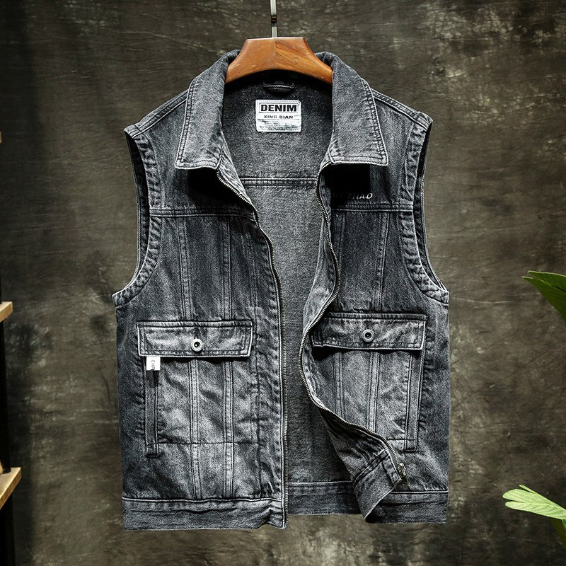 Men's Denim Jacket Vest Streetwear Zipper Jean Tops Waistcoat Harajuku Slim Motorcycle Club Sleeveless Male Jackets