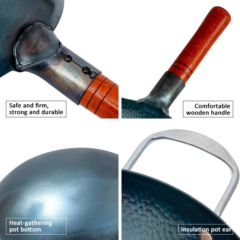 Handgemaakte Ijzeren Wok Non-stick Wok Gietijzeren Pot Afneembare Houten Handvat Keuken Huishoudelijke Kookpot Kookgerei Gasfornuis