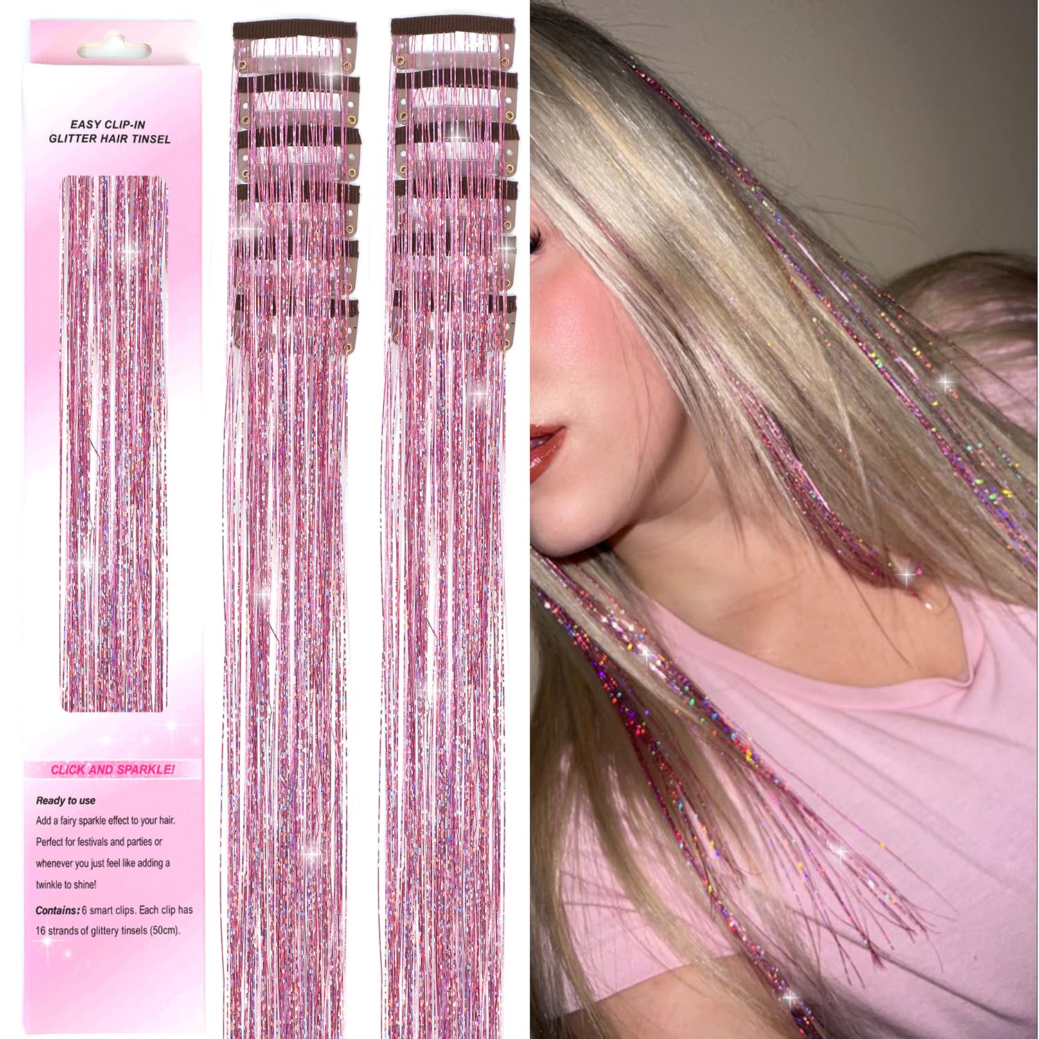 12 pièces Kit de Tinsel à Clipser pour Cheveux de 22 pouces Paillettes Extensions de Cheveux Tinsel Fée Colorées Résistantes à la Chaleur Accessoires de Fête et Festival pour Femmes | Mode