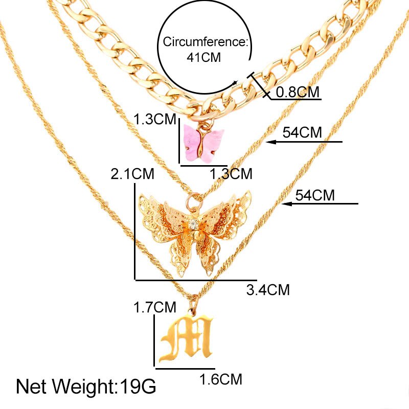 Flatfoosie 3Pcs/Set Gold Color Butterfly Choker Necklace for Women Multilayer Letter Pendant Necklace Jewelry Party