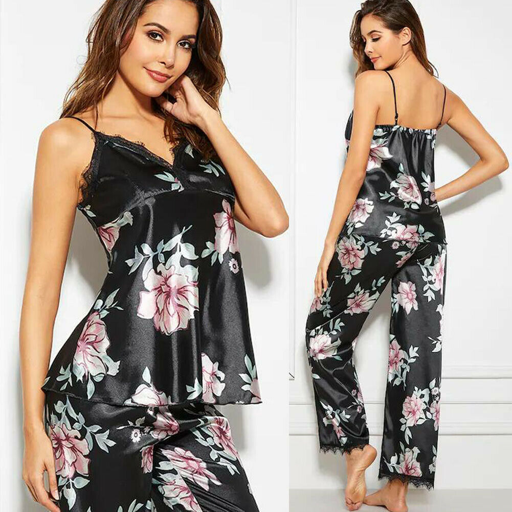 Pyjama Voor Vrouwen Sexy Sets Mouwloze V-hals Top Lange Broek Nachtkleding Dames Toevallige Zwarte Bloemen Nachtkleding