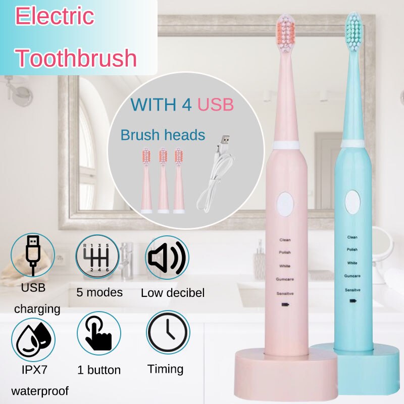 USB Rechargeable Electric Toothbrush 5 Mode Whitening Healthy Travel Toothbrush with 3 Replaceable Brush Head for Adult Kid