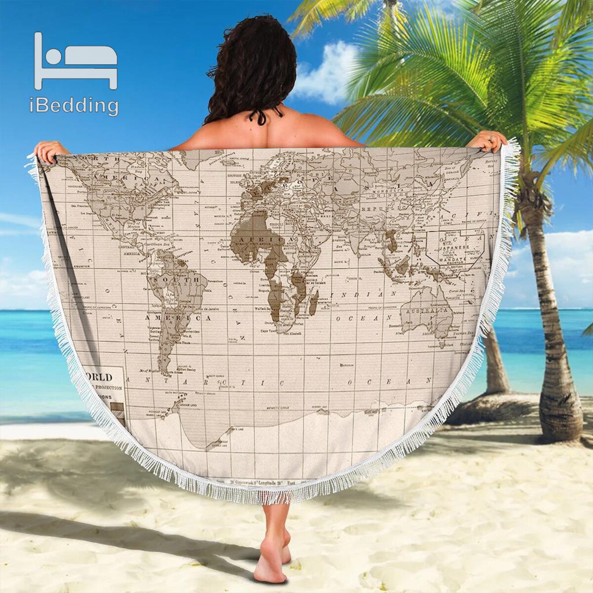 3D Vintage Monde L'île Carte du Monde Couverture de Plage En Microfibre Imprimé 150cm Serviette de Plage Ronde avec Des Glands POD Directe: 2021042419