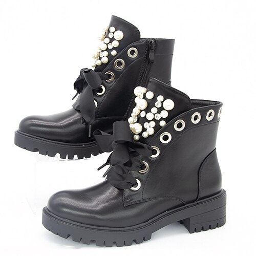 Botines con cordones de perlas para mujer, tacones medios de cuero PU de gran tamaño para mujer, calzado de plataforma para mujer, zapatos casuales de costura para mujer: 8,5