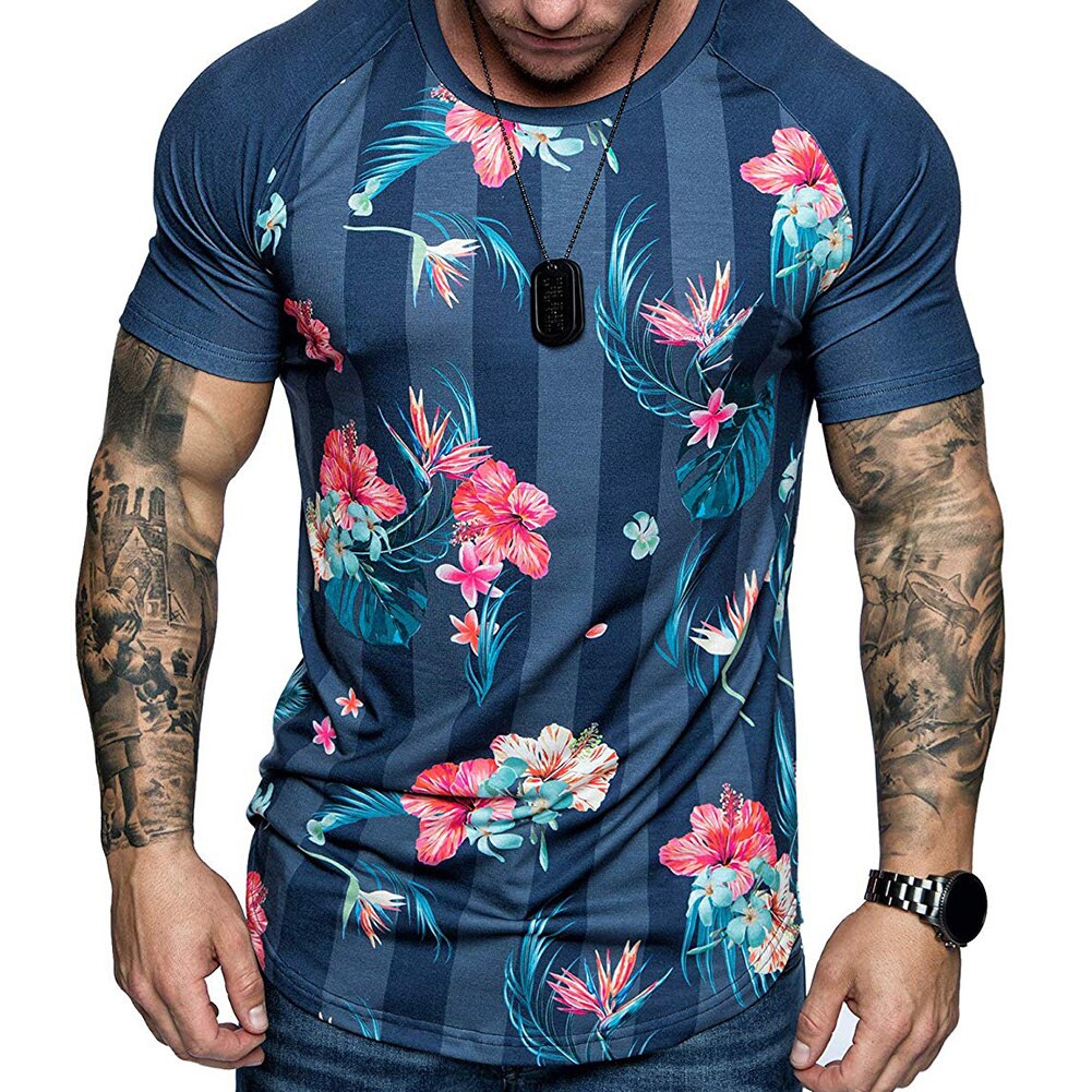 Herr t-shirt sommar kort ärm rund hals tryckta blommor blad tryckta t-shirt kort ärm herr toppar мужские комплекты: Mörkblå / L