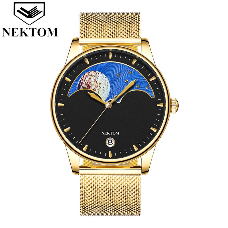 Nektom Echt Mesh Riem Heren Quartz Horloge Ultra-Dunne Kalender Waterdichte Student Paar Horloge: green