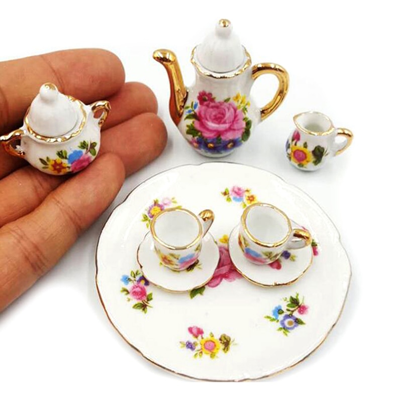 8 Pcs Dollhouse Porseleinen Theeservies Schotel Cup Plate-Roze Roos Miniature Eetkamer Ware