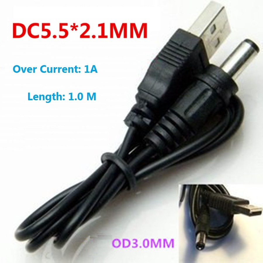 2 stks/partij, USB naar 5.5*2.1mm DC 5 V Over 1A Stroom, Netsnoer Laadkabel, 1.0 M Puur Koperen Kabel,