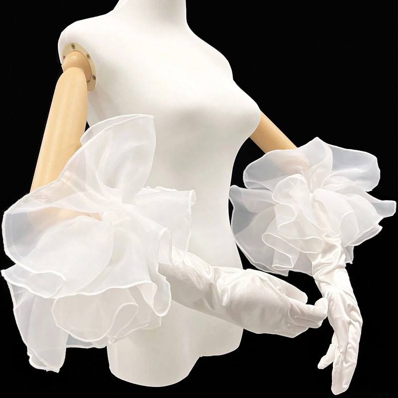 Mesh Ruffles Velvet Long Gloves Solid Color Hand Sleeve For Women Bridal Wedding Dress party Dress Etiquette Gloves