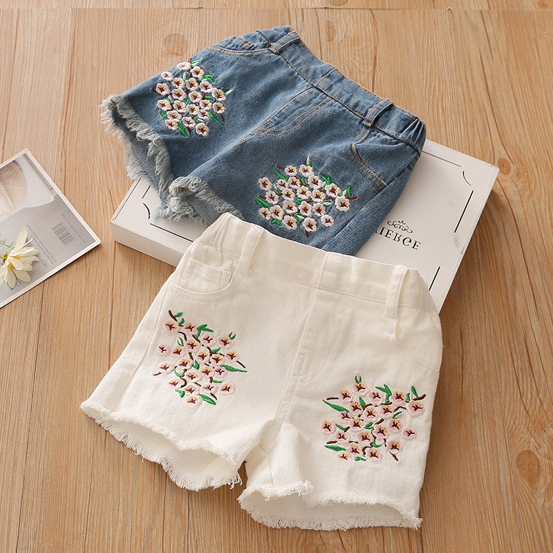 Zomer baby meisjes denim shorts koreaanse bloemen borduurwerk meisjes jeans maat 3 4 5 6 7 8 t peuter kinderen elastische taille shorts