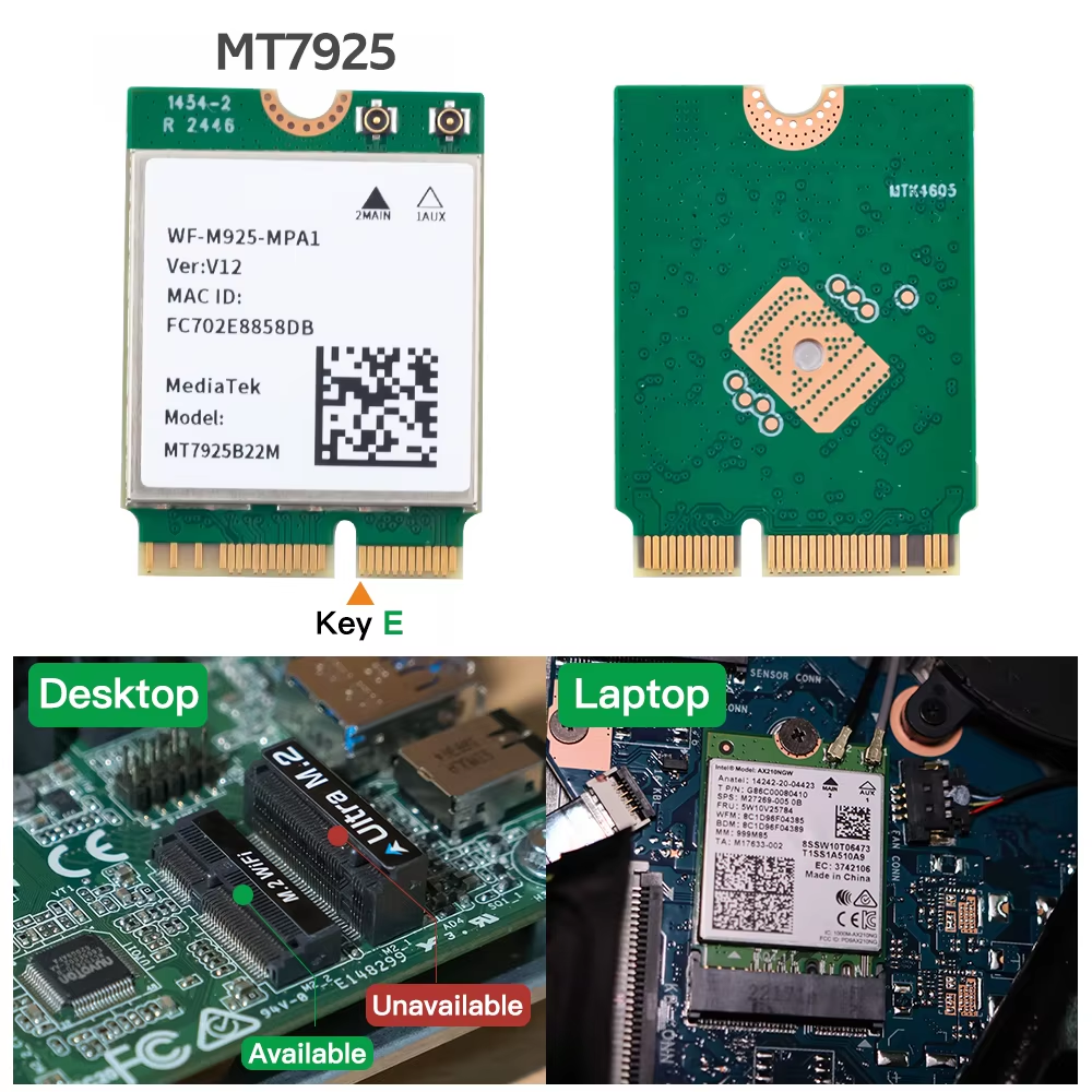 MT7925 WiFi 7 Network Card 5400Mbps For Bluetooth 5.3 Tri Band 2.4G 5Ghz 6GHz M.2 NGFF Wireless Adapter For Win 10 Win 11